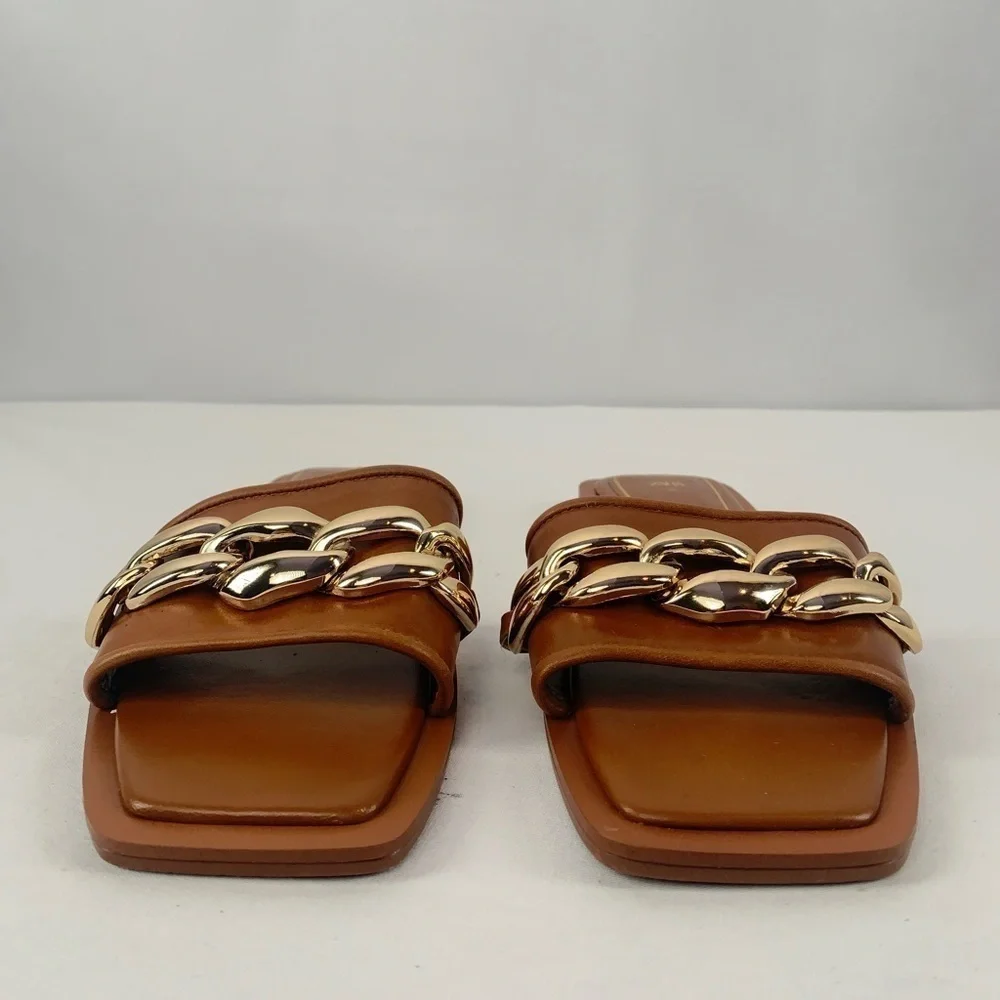 Zara Square Toe Vegan Leather Gold Chain Slides in Brown Size 7.5 or 38‎